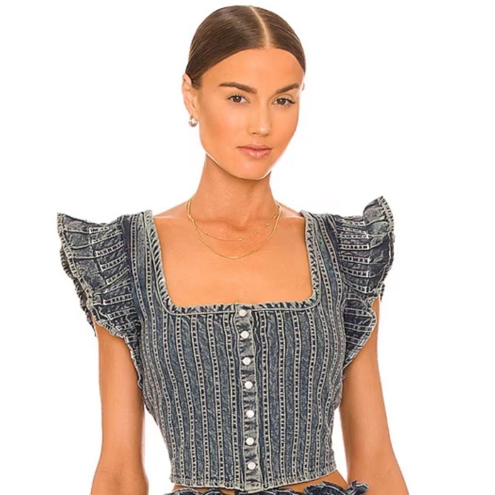 LOVE THE LABEL | REVOLVE NEW Snap Front Denim Corset Cropped Top Women’s Size L
